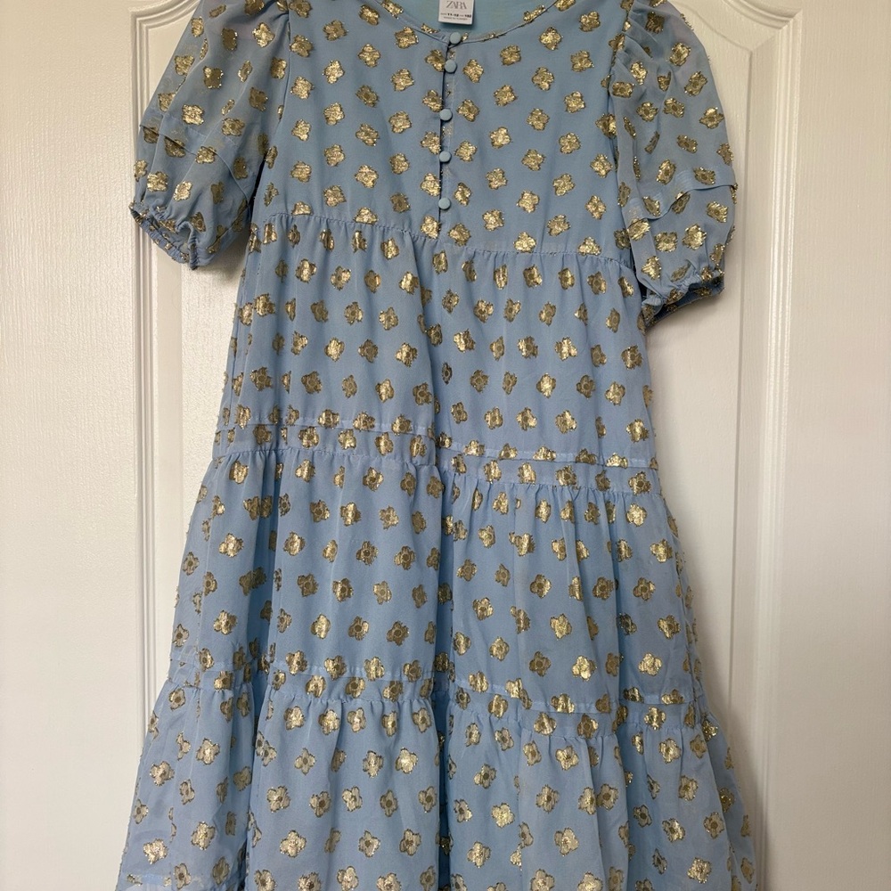 Zara Blue and Gold Ruched Ruffled Sundress